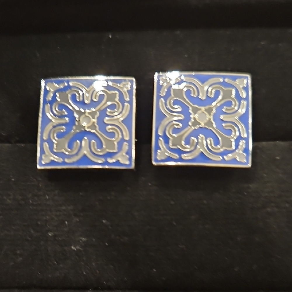 Paisley Blue and Silver Square Cufflinks - Picture 1 of 5